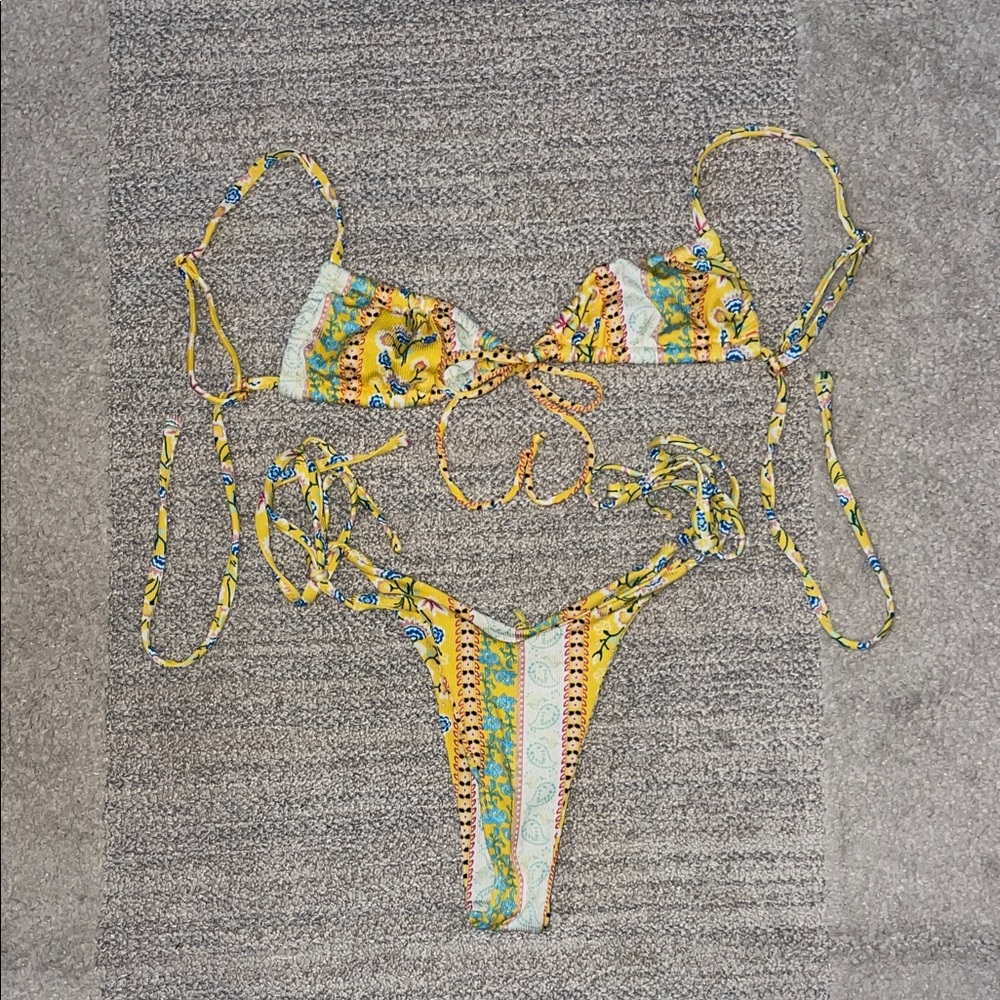 Yellow Floral Stripe Tie-Side Bikini Set
